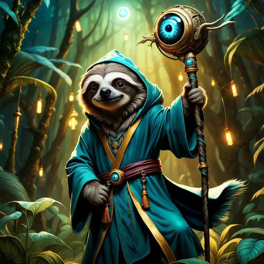 Sloth Wizard with Glowing Staff, Fantasycore Art