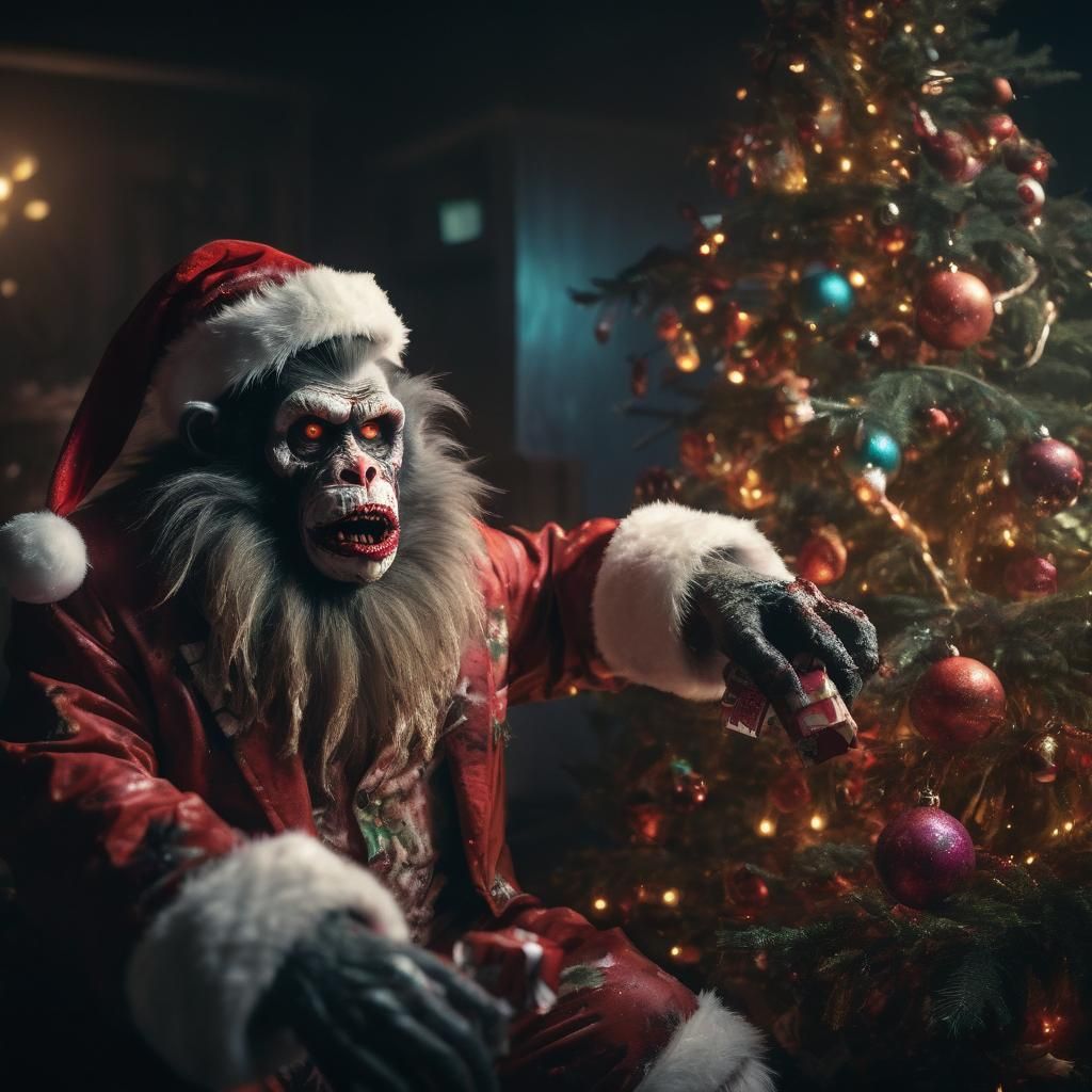 Eerie Zombie Monkey Santa Claus Christmas Scene