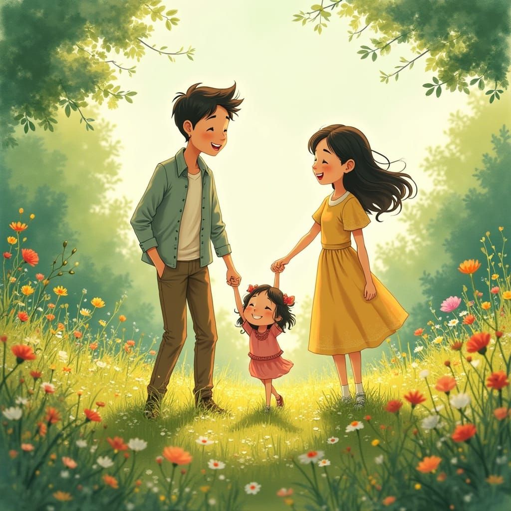 Father, Mother, and Daughter Share Whimsical Playtime in Vib...