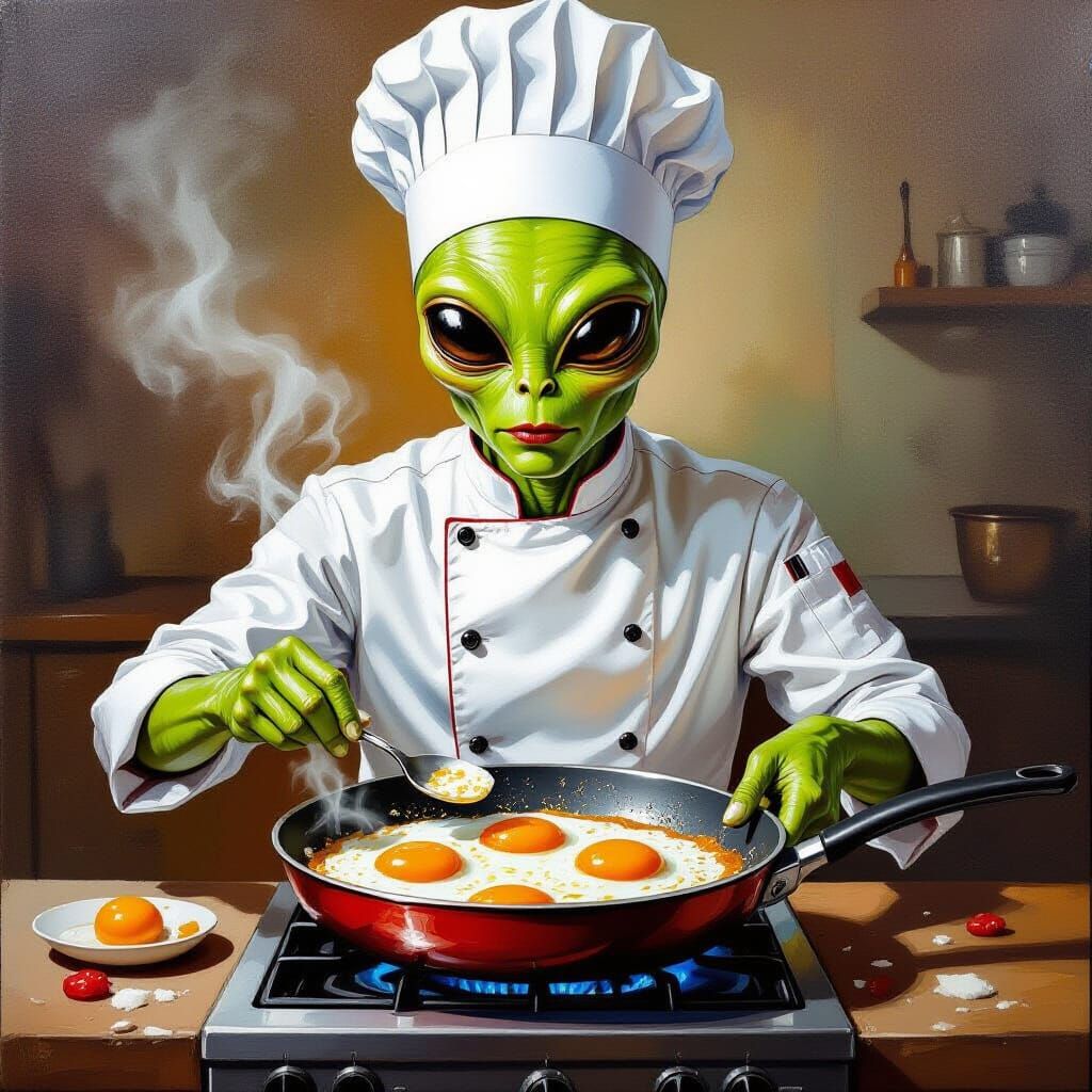 an alien chef cooking fried eggs in a pan over a stovetop