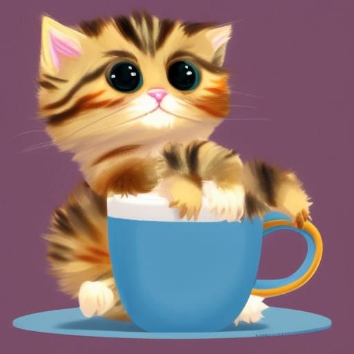 Fluffy Kitten in a Mug: Adorable Digital Art