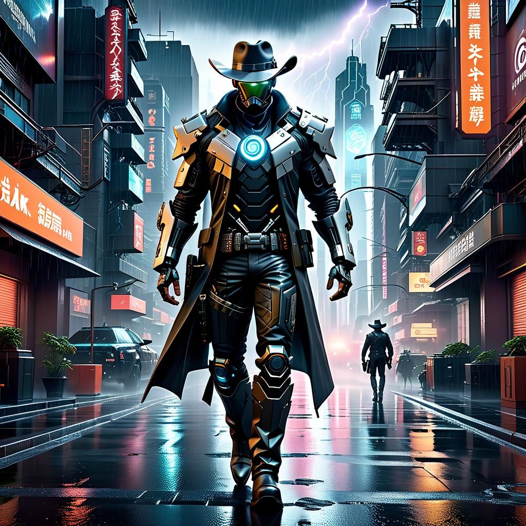 Cyborg Cowboy in Cyberpunk Metropolis