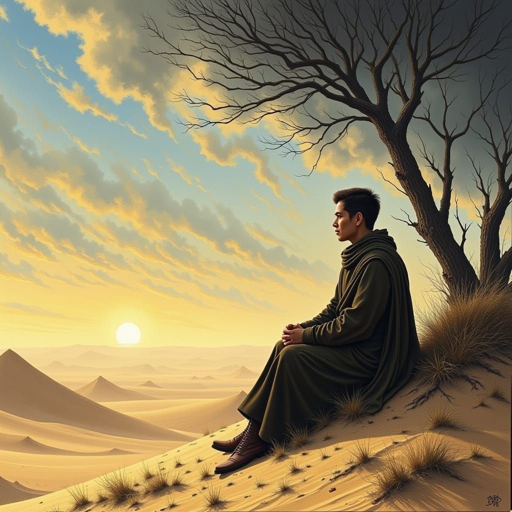 Woman Sits Alone by Dune Near Spring, Monk Approaches