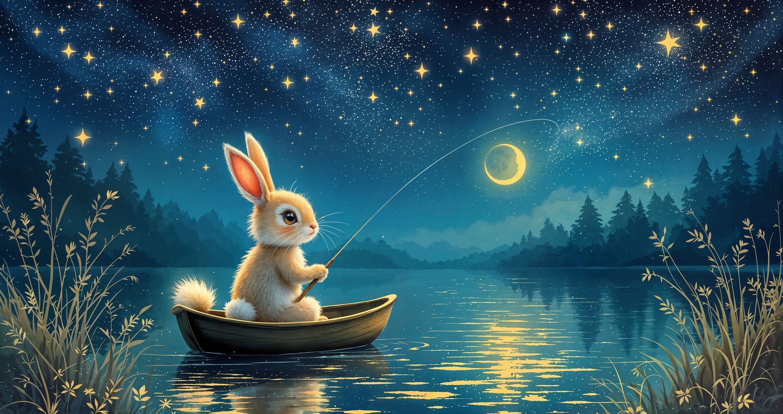 Magical Rabbit's Enchanted Fishing Adventure Under Starry Sk...