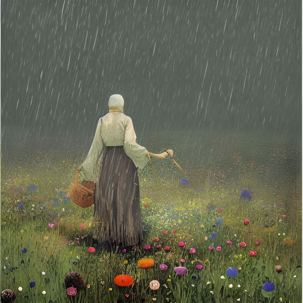 Old Herbalist Woman Picking Wildflowers in Rain
