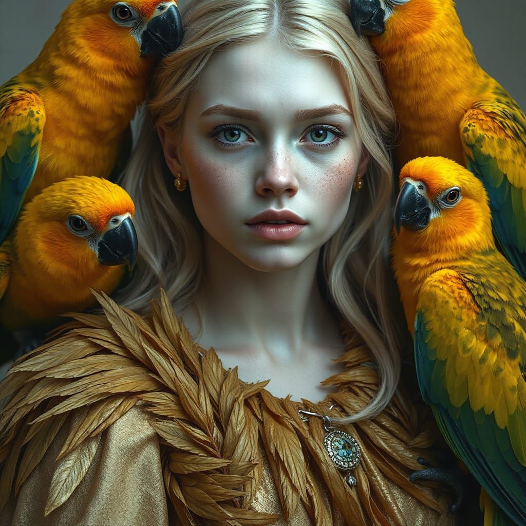 Ethereal Woman in Golden Gown with Parrots, Matte Painting S...