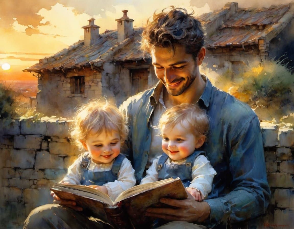 Watercolor Portrait: Father and Child Reading at Sunset