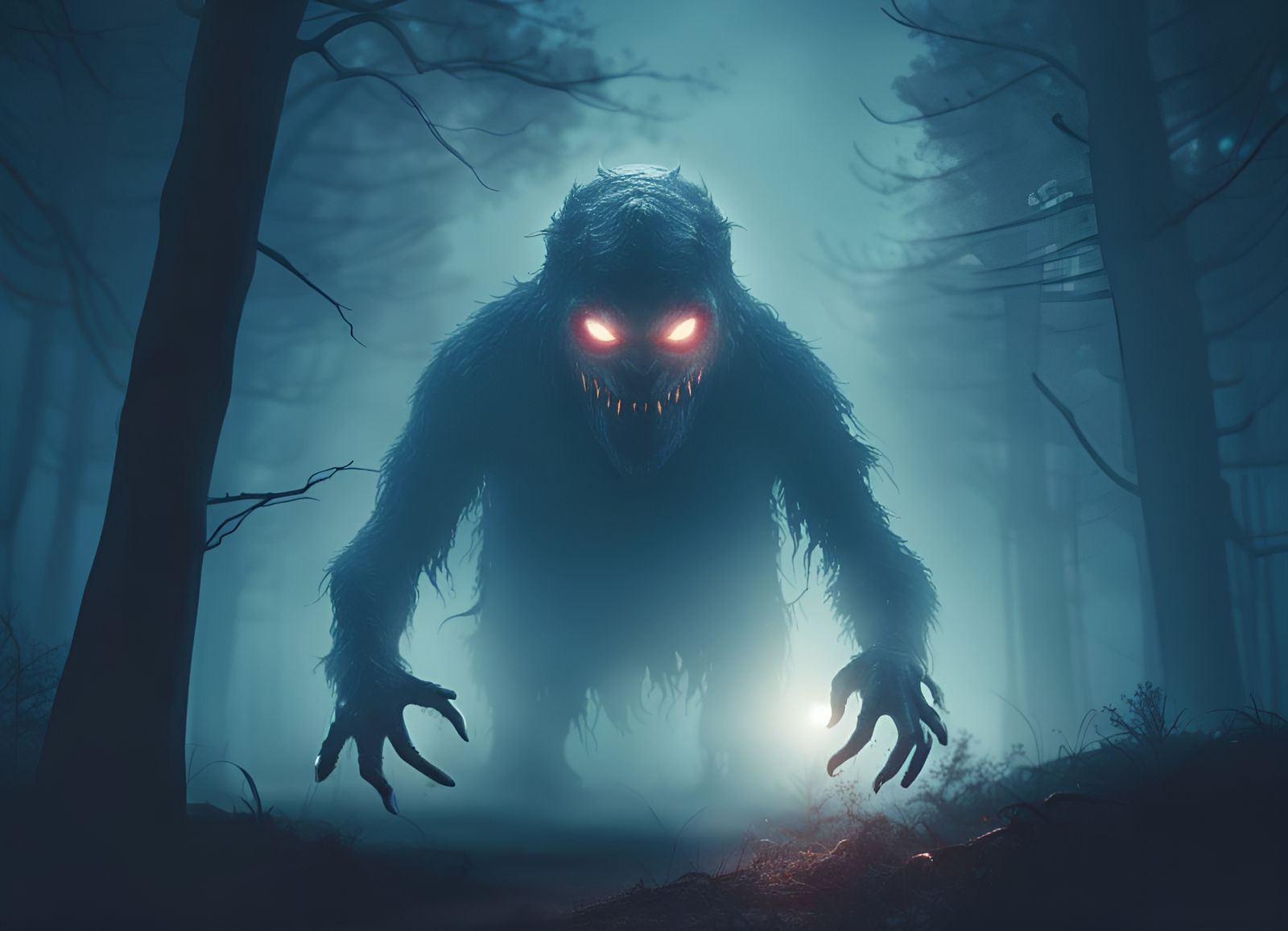 Scary Monster in Foggy Night Forest