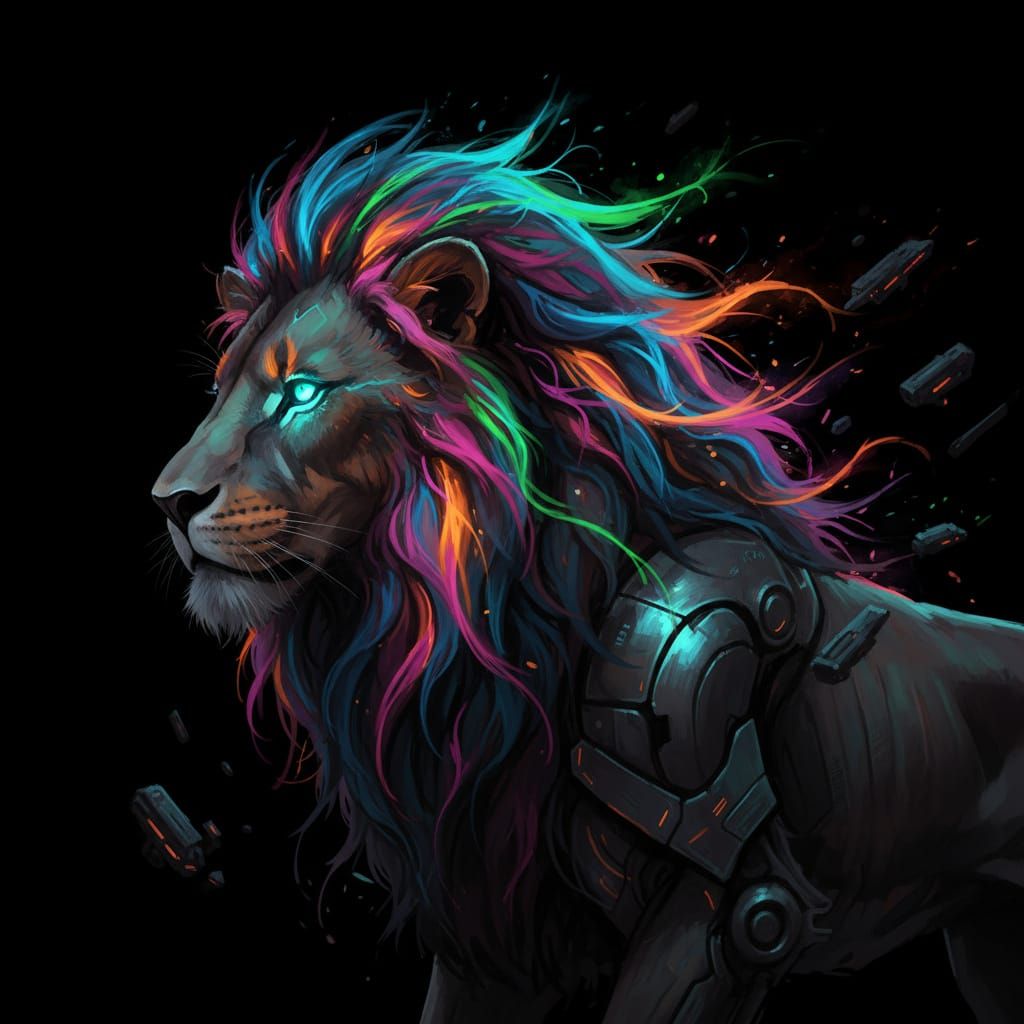 Majestic Lion in Vibrant Neon Colors, Dark Fantasy Illustrat...