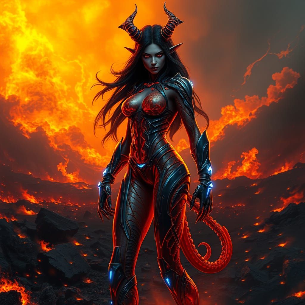 Cyberpunk Demon Warrior in Inferno