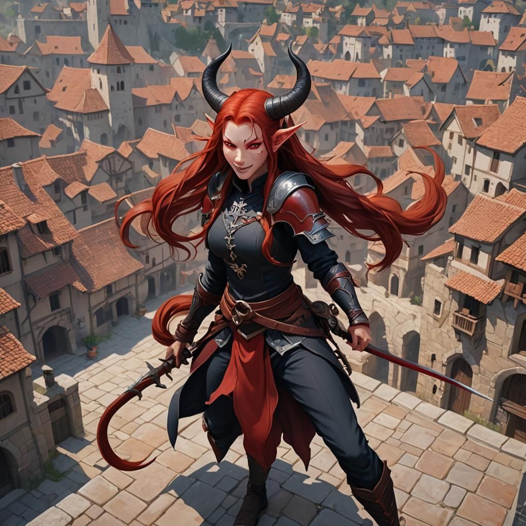 Smiling Female Tiefling Rogue in Fighting Stance
