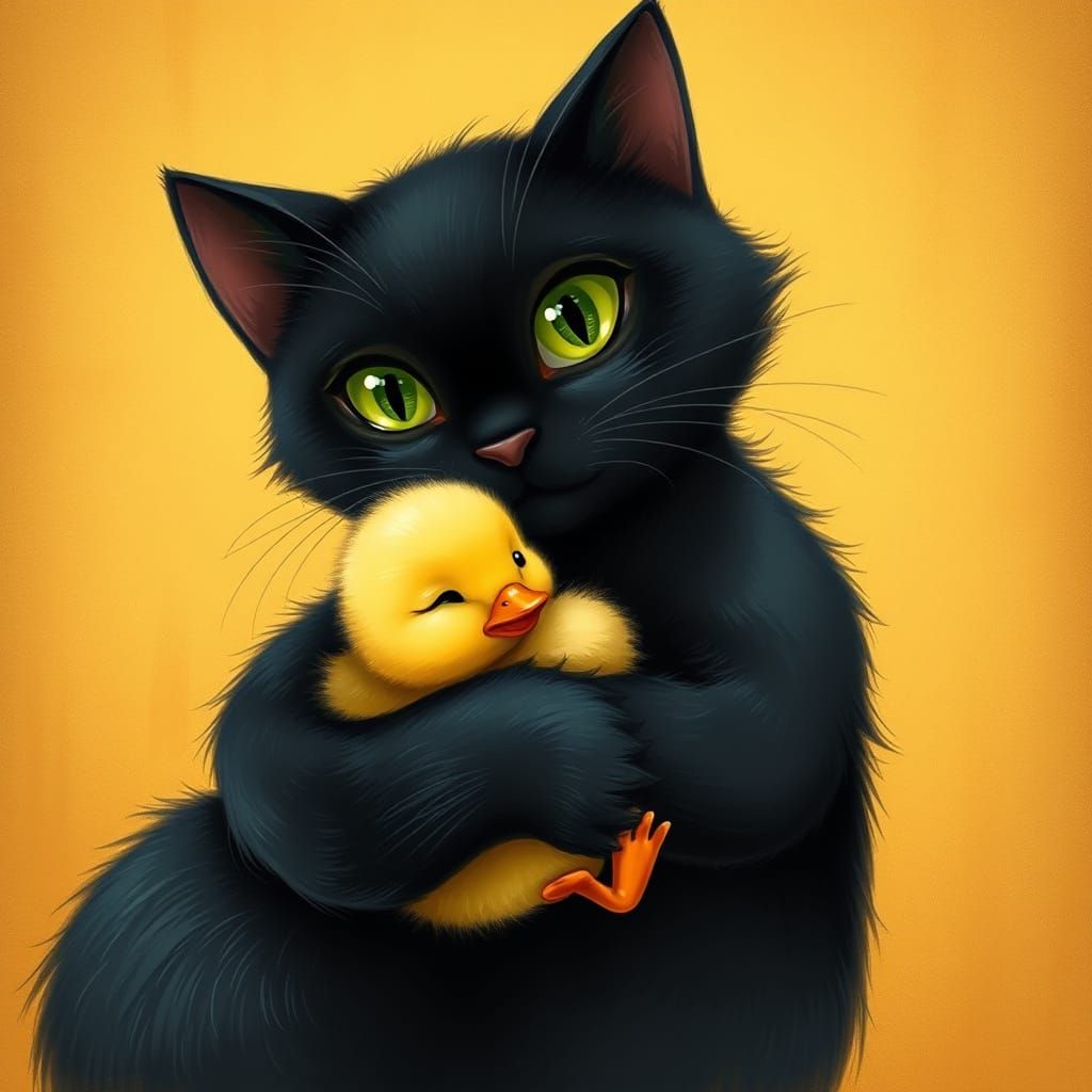 Whimsical Cat and Duckling Hug in a Golden Wonderland