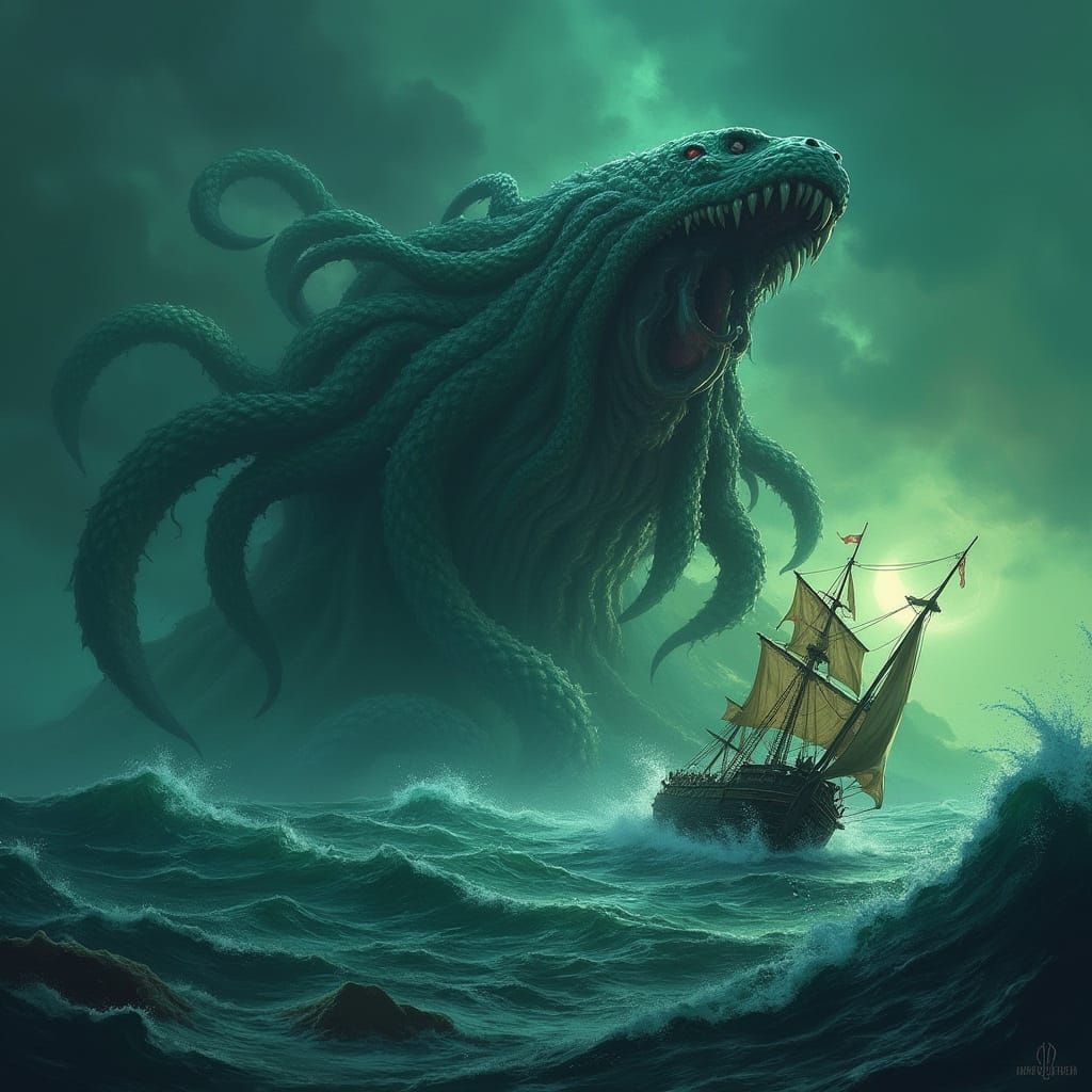 Kraken Attacks Ship in Stormy Green Sea