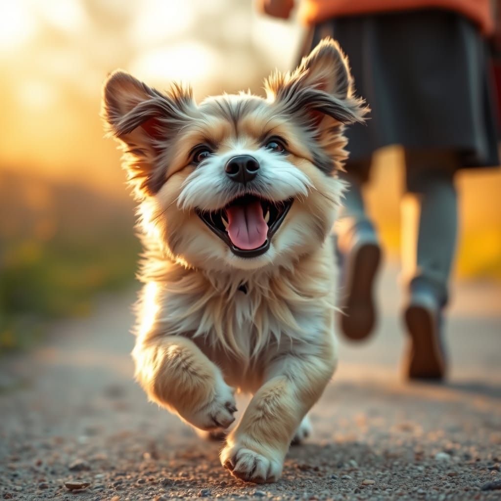 Joyful Furry Friend Runs Towards Owner in Whimsical Lighting