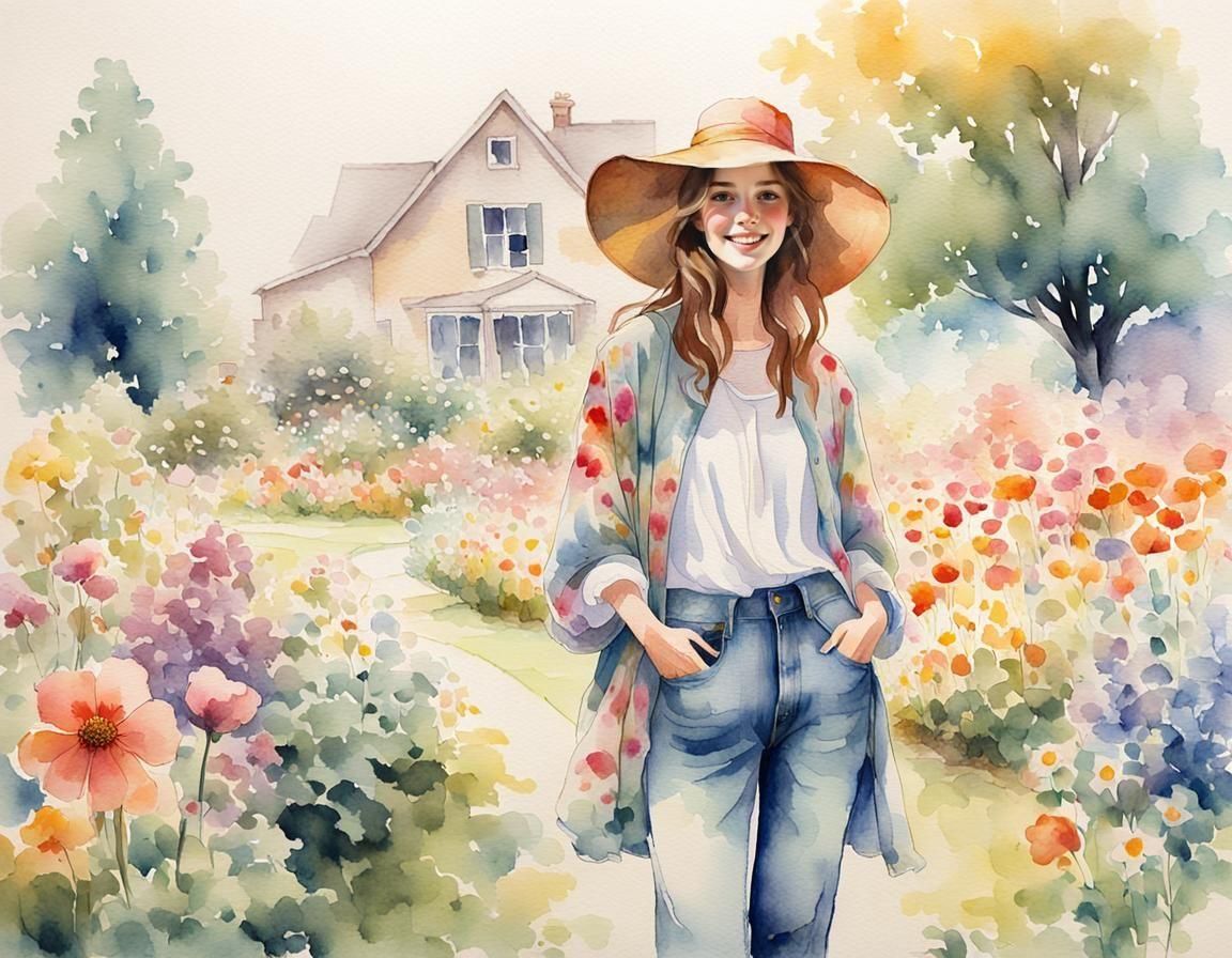 Woman in Oversized Clothing: Watercolor Illustration