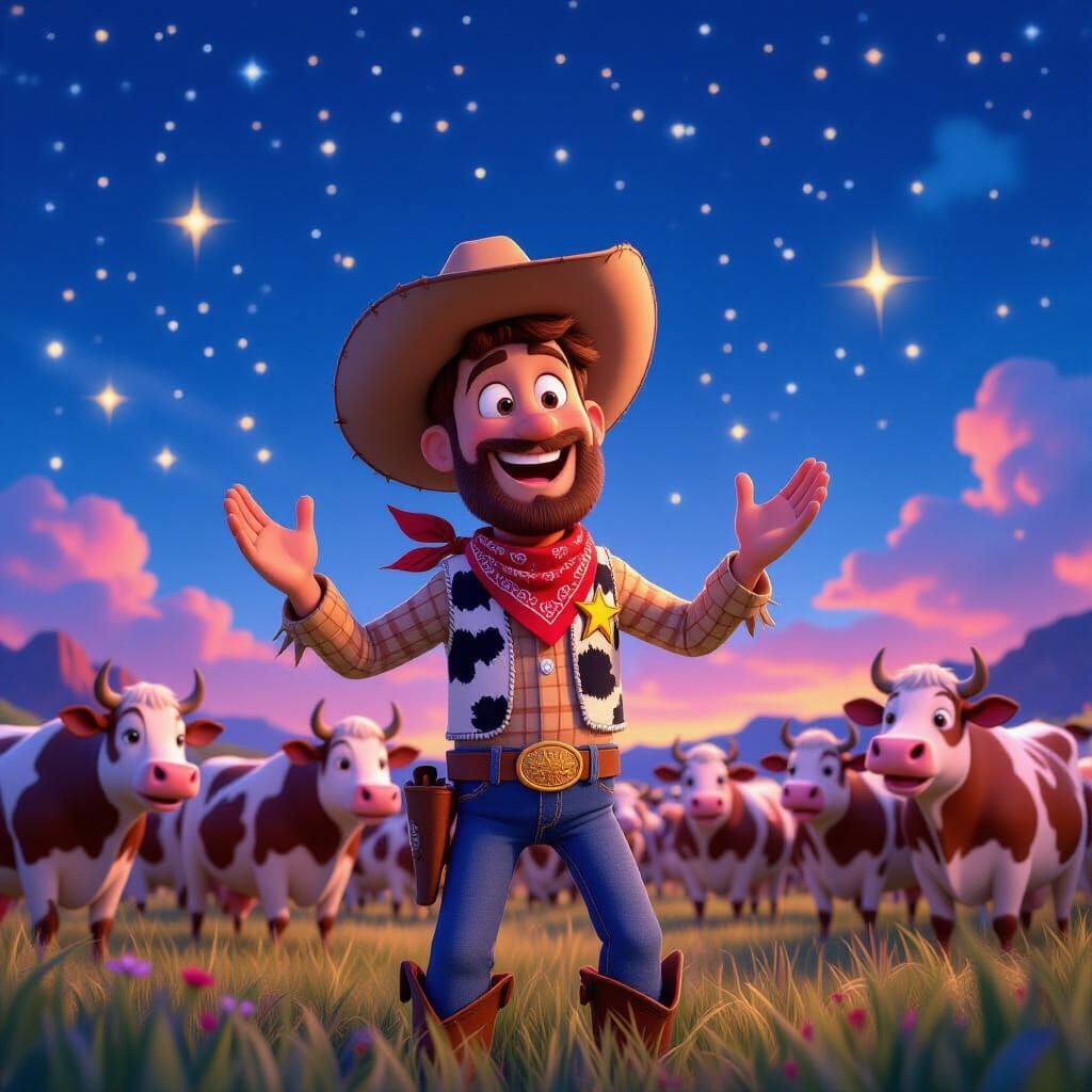 Joyful Cowboy Sings to Cows in Vibrant Cartoon Style