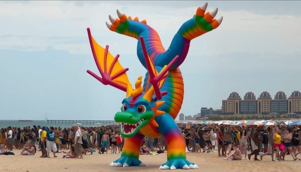 Vibrant Pool Toy Dragon Performs Handstand on Bustling Beach