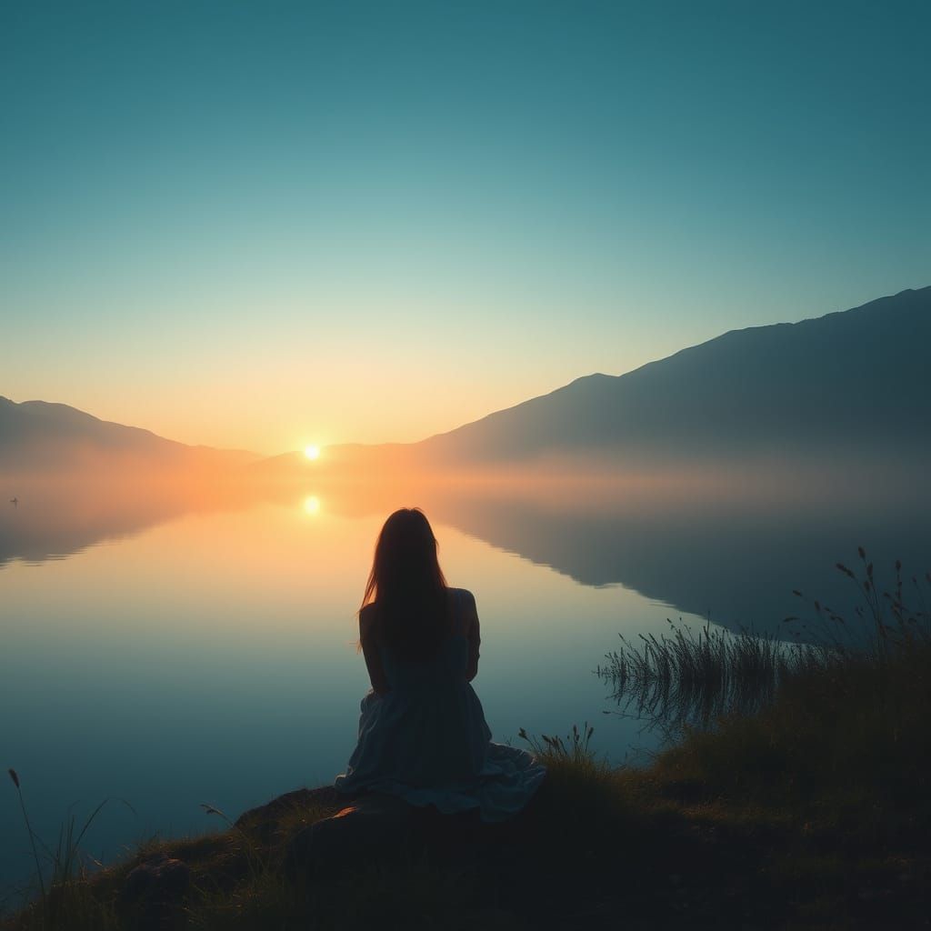Contemplative Woman by Lake at Sunrise