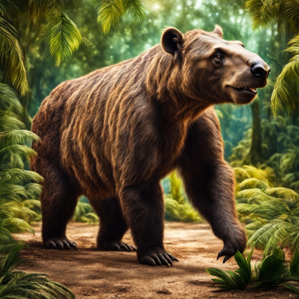 Realistic Megatherium Eating Leaves in Prehistoric Savannah