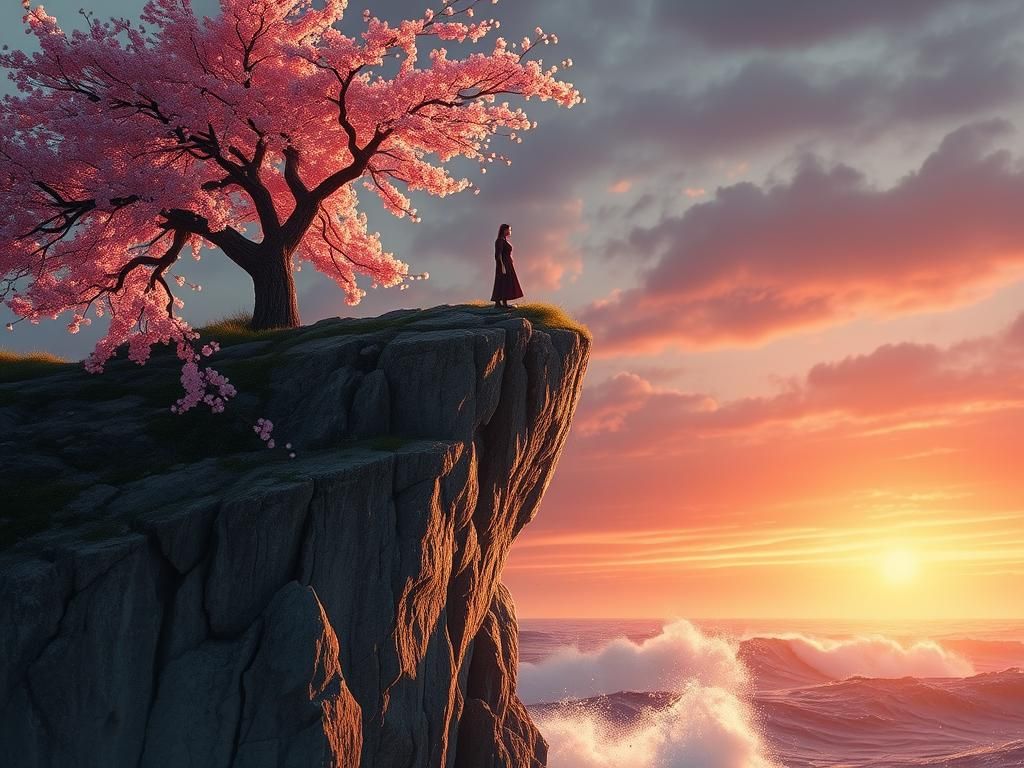 Cherry Blossoms Cliffside: Serene Sunset Vista
