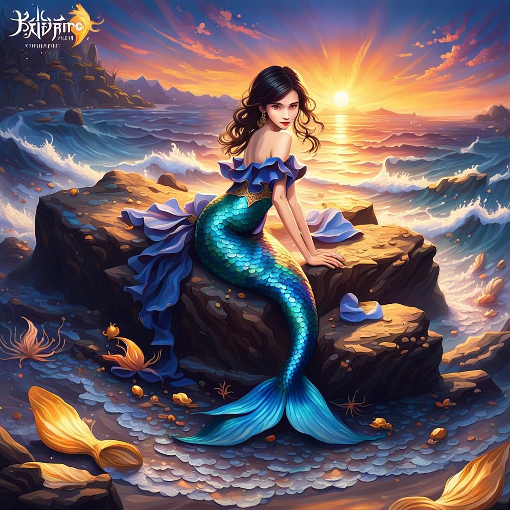 Midnight Mermaid on Ocean Rock: Fantasy Art