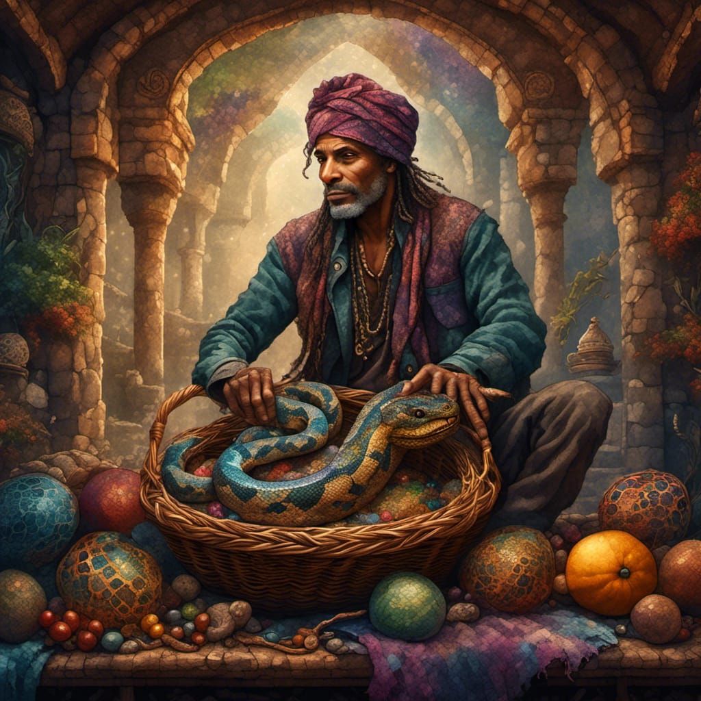 Indian Fakir Charming Python in Detailed Matte Painting