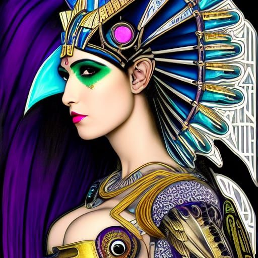 Cybernetic Egyptian Queen in Steampunk Art Nouveau Style