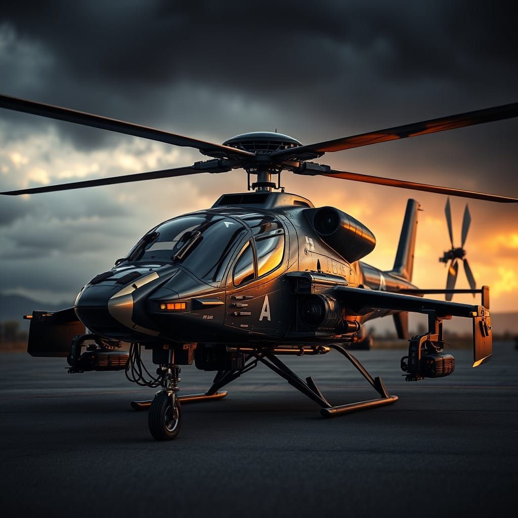 Cybernetic Airwolf Helicopter in Futuristic Stormscape