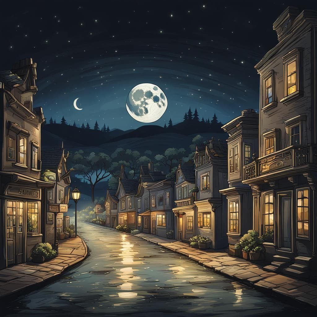 Small Town in a Jar Under Moonlight