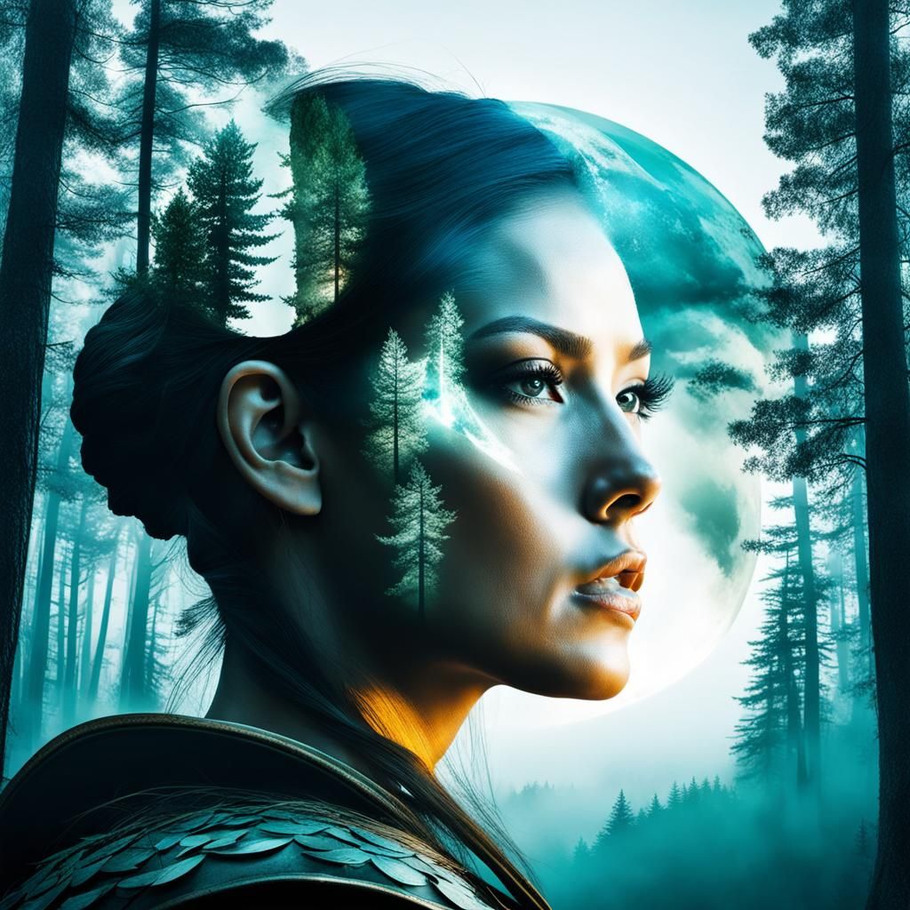 Double Exposure: Warrior, Forest, and Moon