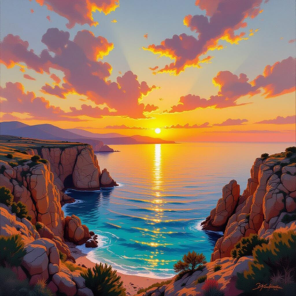 Sardinian Coastline Sunset in Impressionist Style