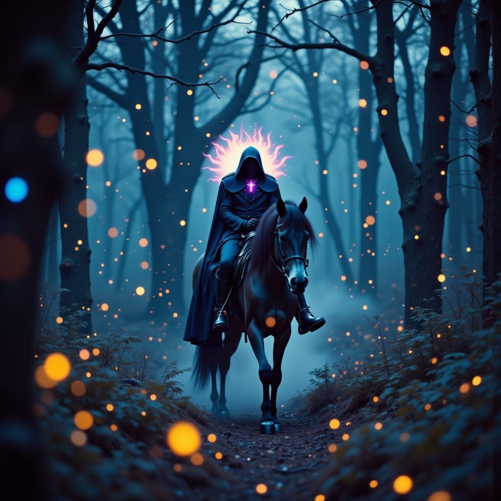 Ethereal Cavalier Rides Through Mystic Forest