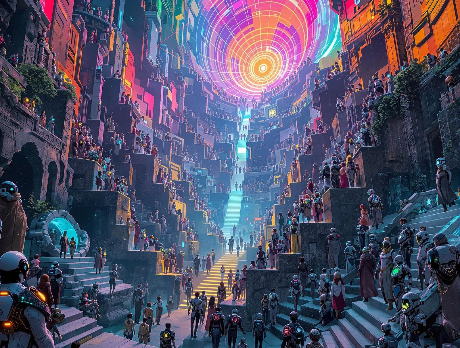 Dense Crowd Ascending Fractal Altar in Moebius Style