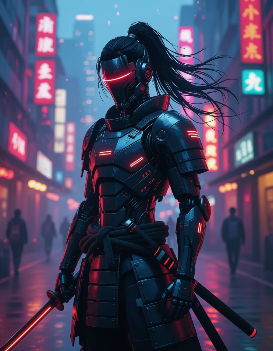 Cyberpunk Robot Samurai Warrior in Neon City