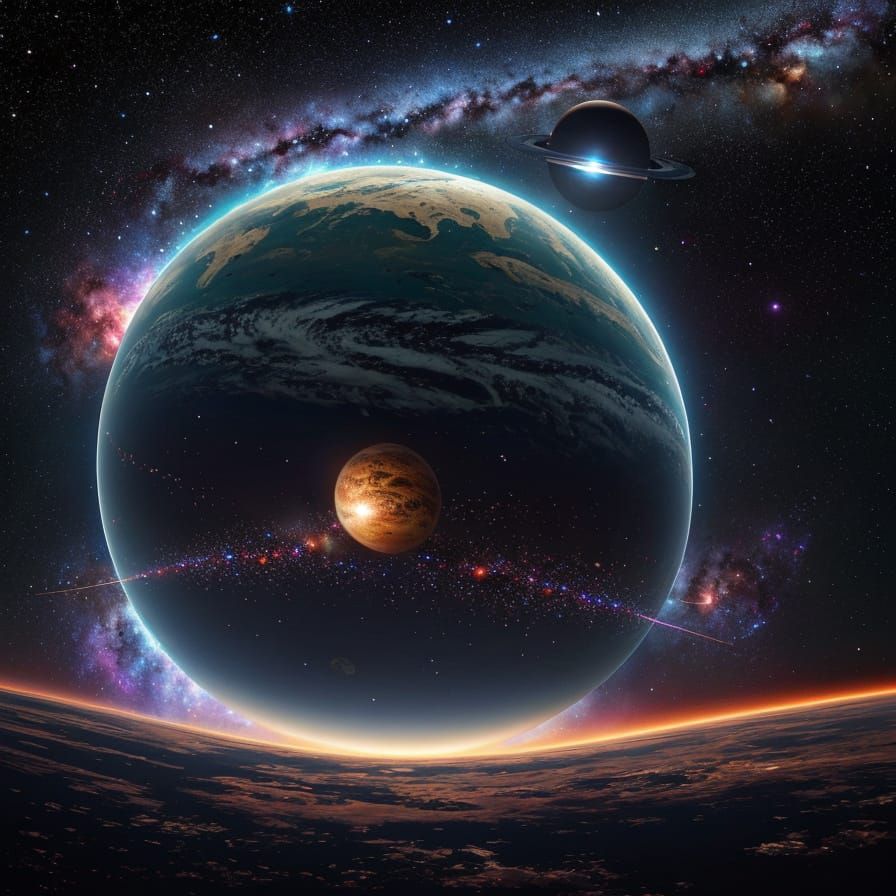 Ornate Space Station Orbiting Polka Dot Planet