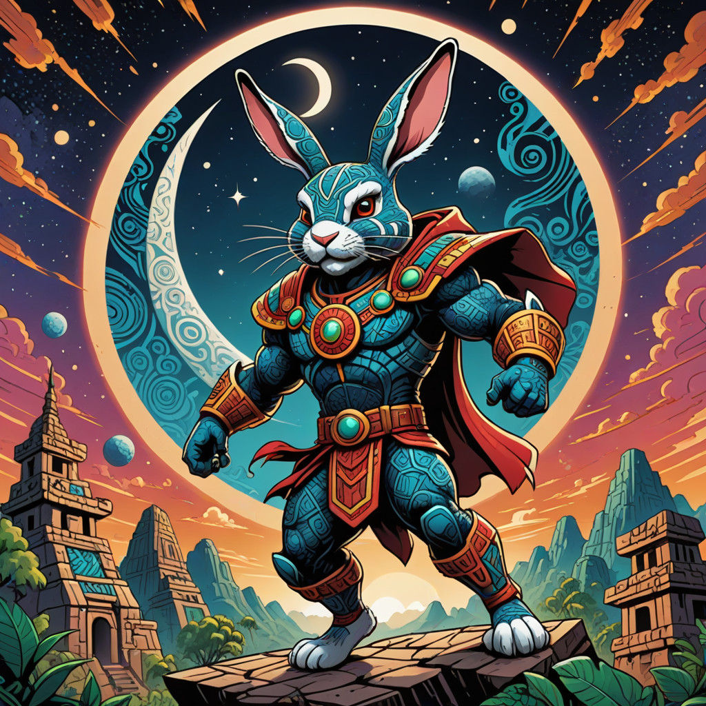 Colorful Mayan-Inspired Superhero Rabbit Soars into Action