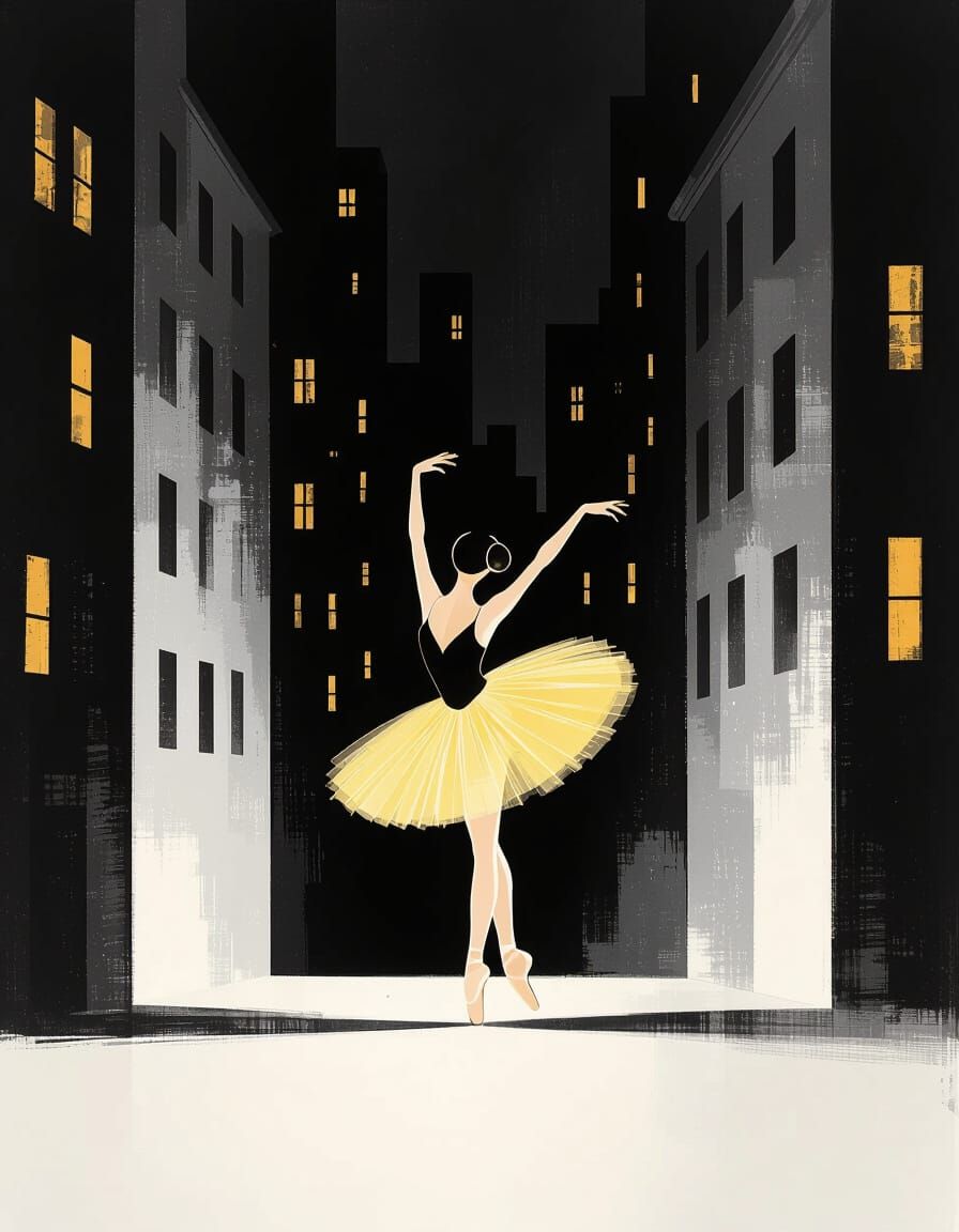 Ballerina's Golden Glow in Shadowy Cityscape