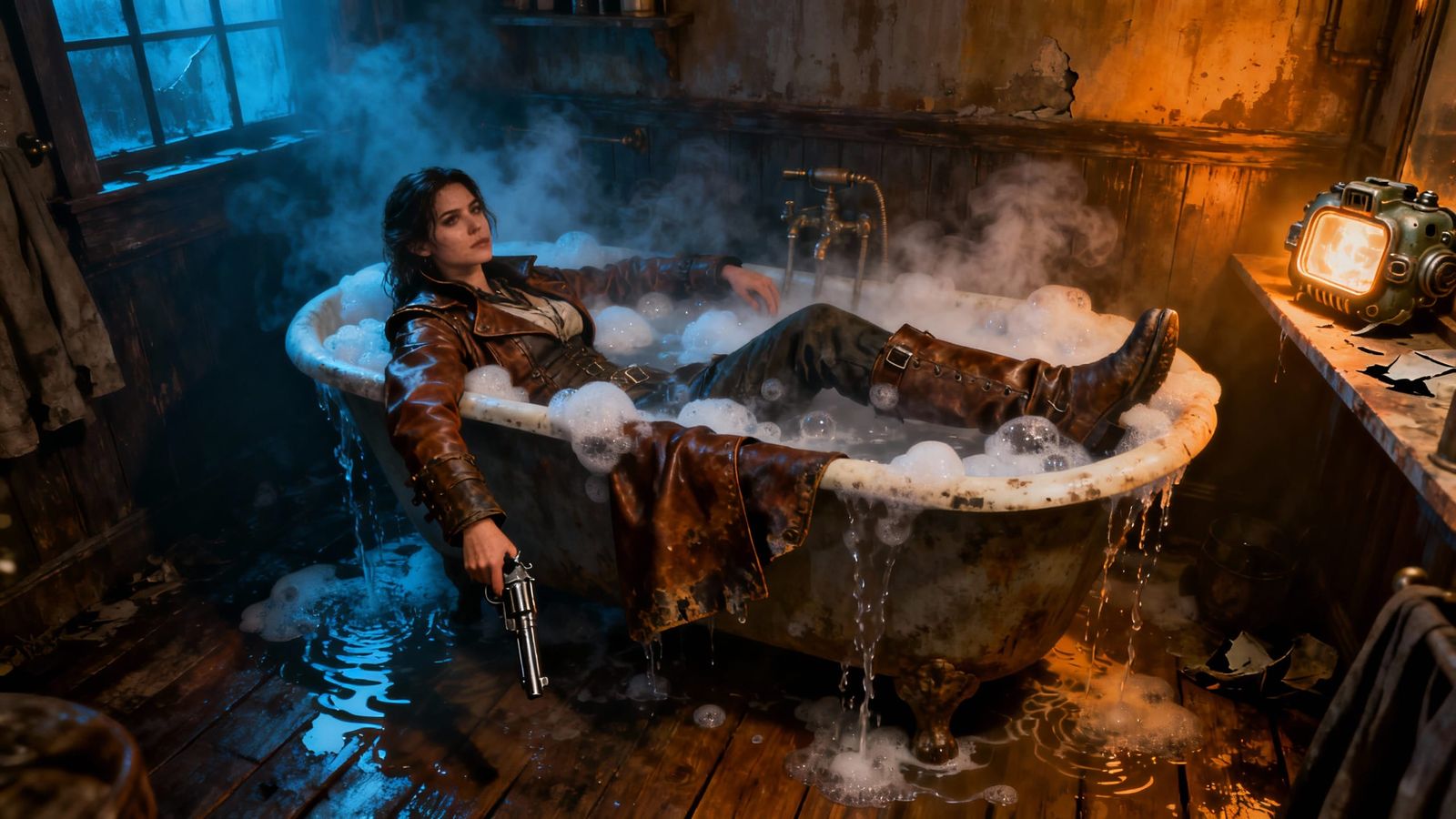 Gunslinger Relaxing in Fallout-Inspired Bubble Bath