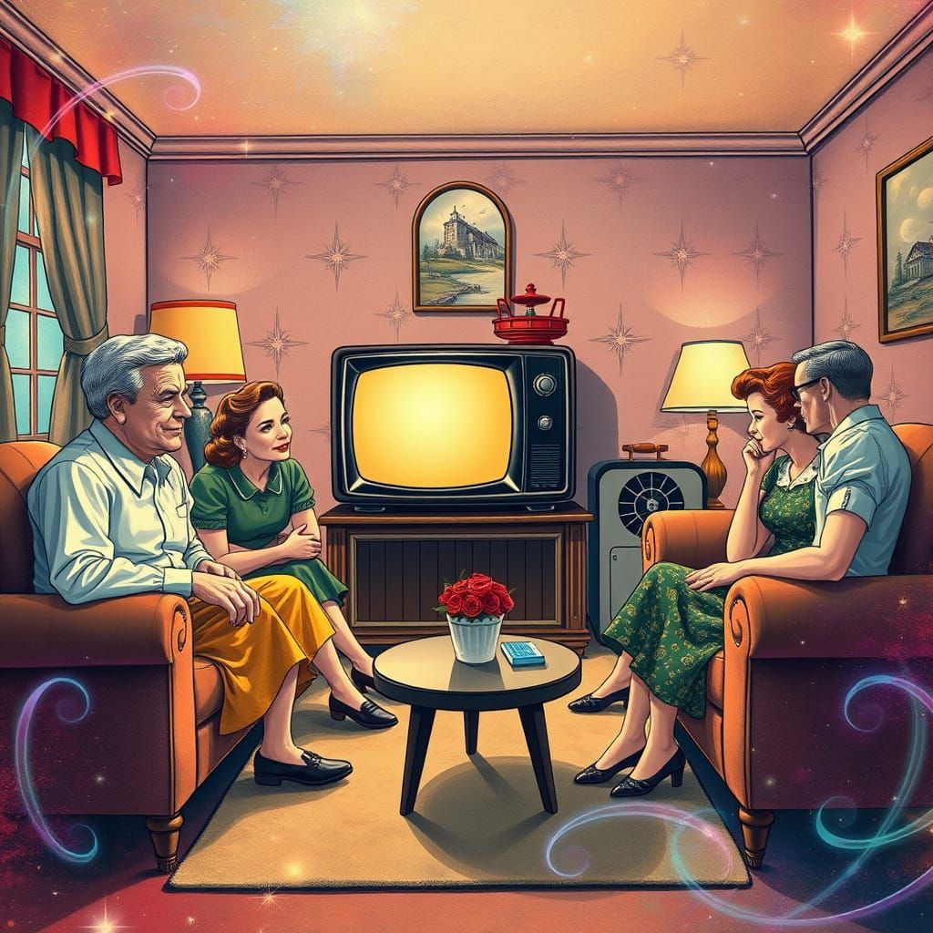 Nostalgic Family Gathering in a Dreamlike 1950s Setting