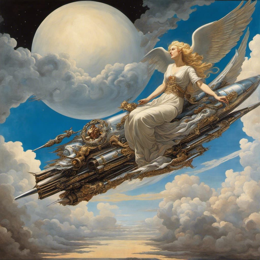 Mary on Rocket Ascending to Heaven: Renaissance Art Nouveau