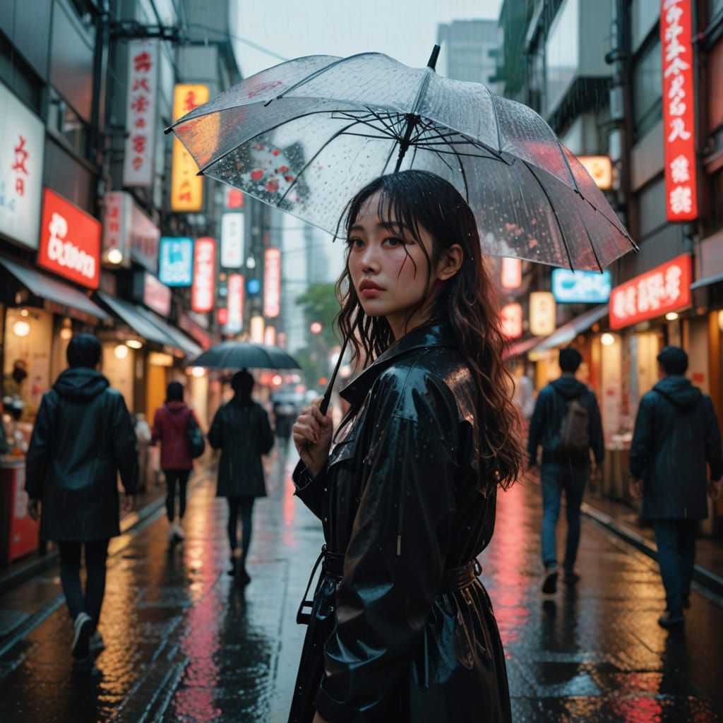 French Girl Under Tokyo Rain, Inspired by Japanese Street Ph...
