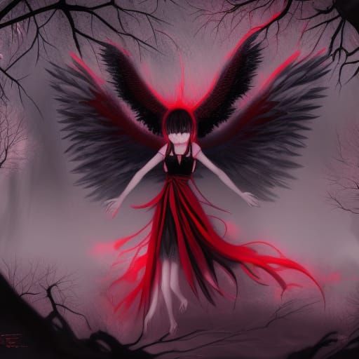 Anime Demon Girl in Dark Forest, Digital Art