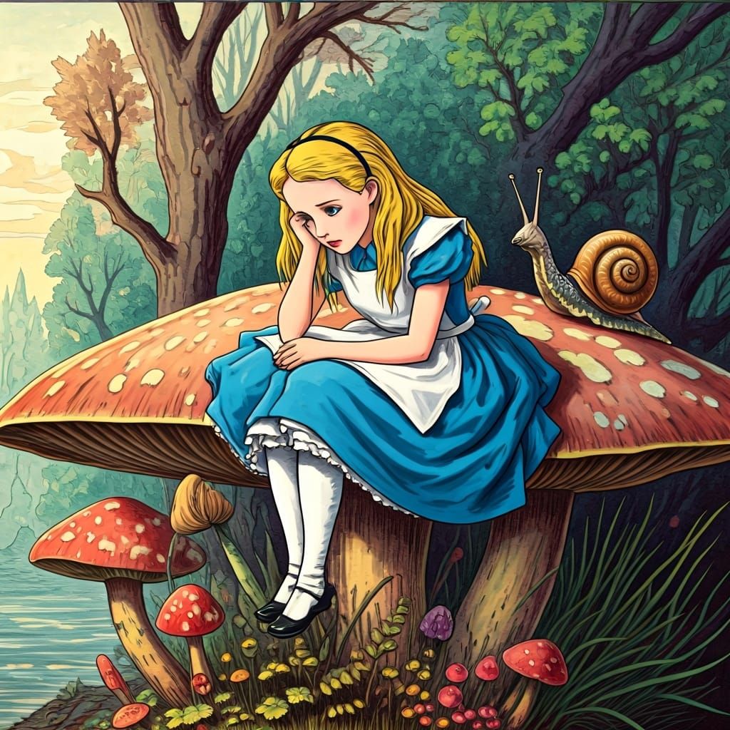 Alice and Snail in Wonderland, Watercolor Illustration