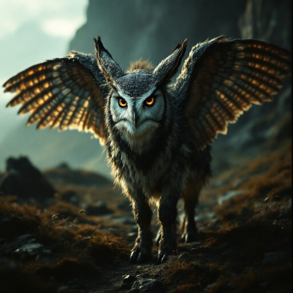 Mystical Owl-Donkey Hybrid in Cinematic Lighting