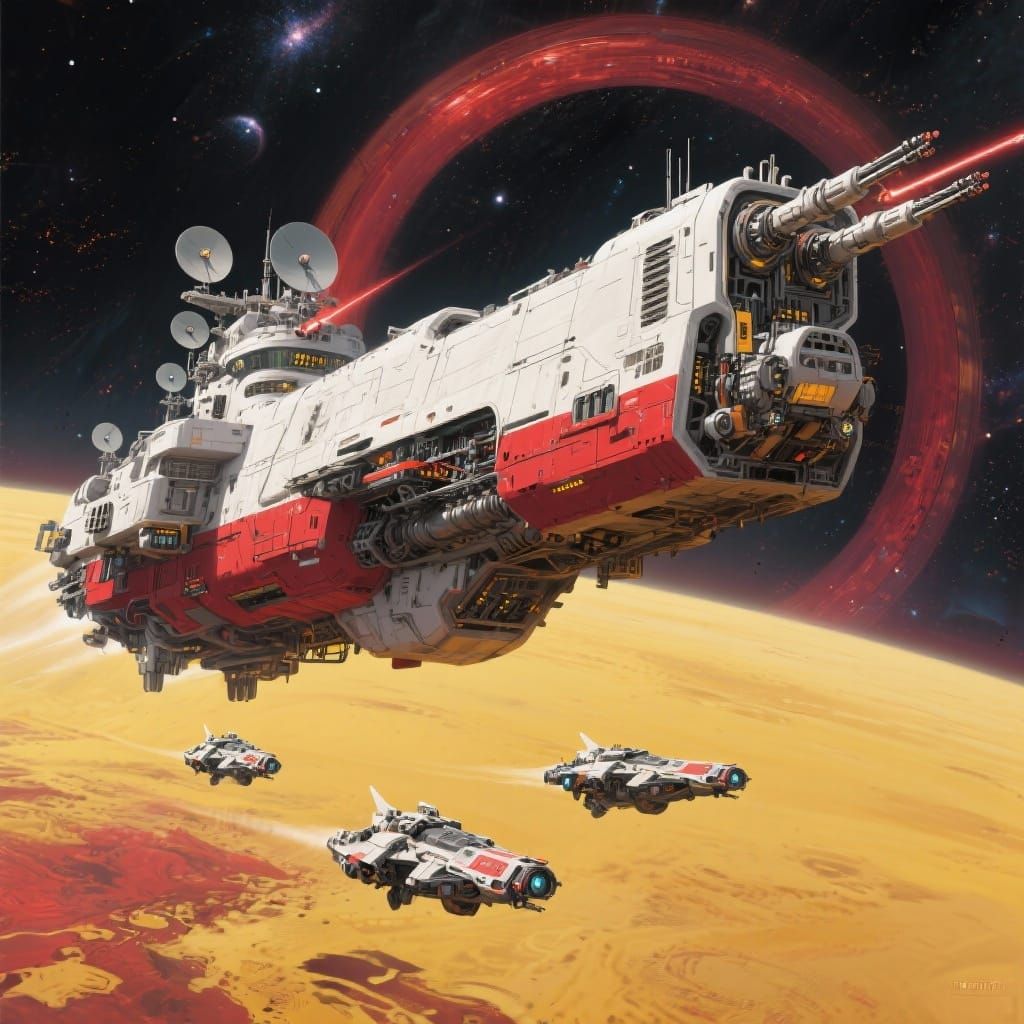 Futuristic Dreadnaught with Escort Fighters in Space