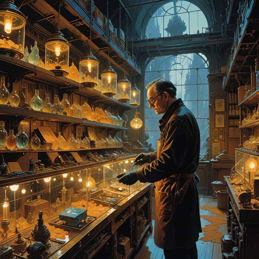 Shop Owner Amidst Glowing Minerals in Steampunk Style