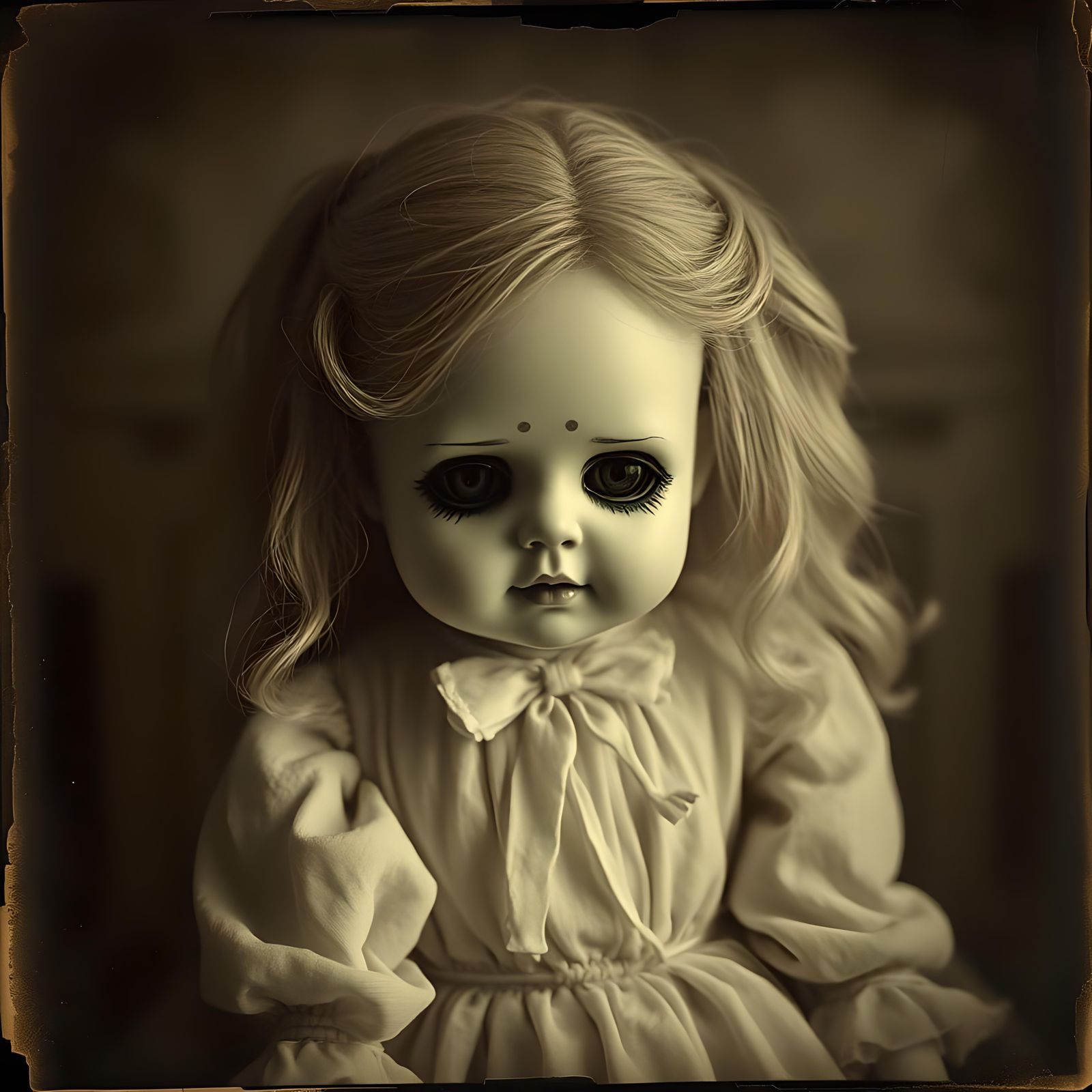 Creepy Porcelain Doll in Damaged Sepia Photo