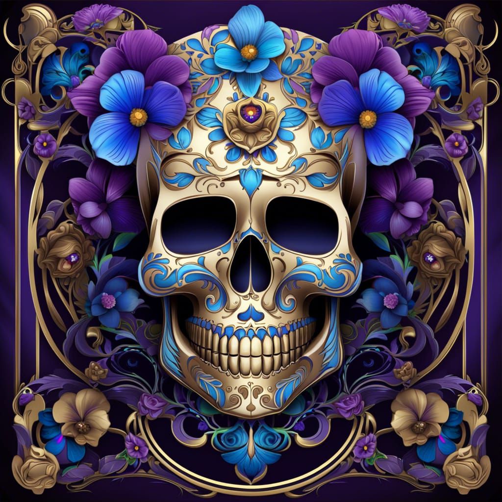 Art Nouveau Steampunk Sugar Skull with Flowers