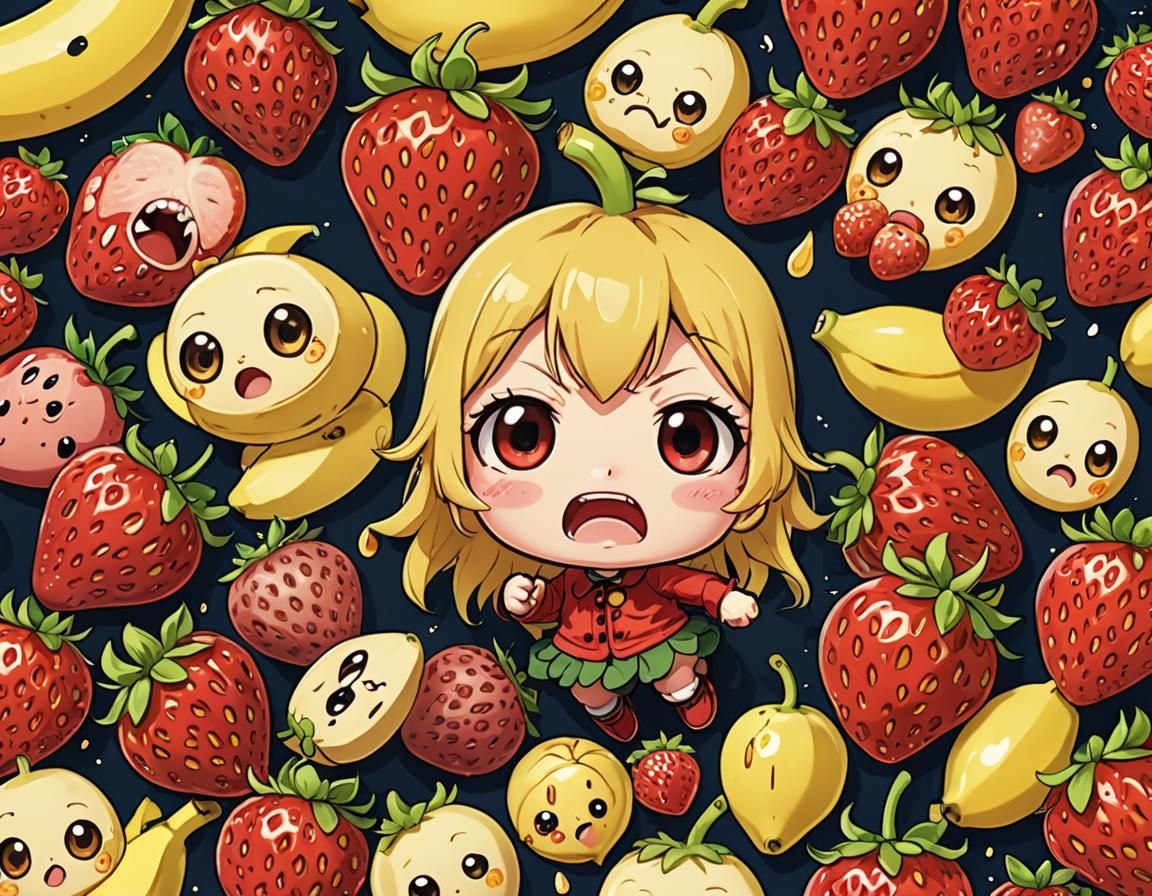 Crying Strawberry and Angry Banana in Anime Style