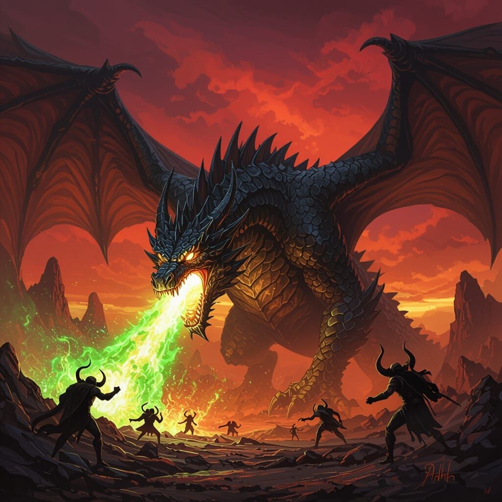 Obsidian Dragon Battles Demons in Volcanic Inferno